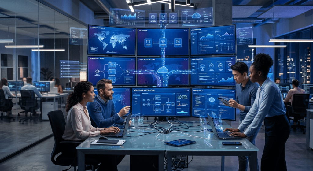 Hyper automation system connecting multiple enterprise applications through custom API integrations