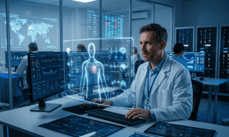 Doctor monitoring patient health remotely using digital dashboard and wearable devices