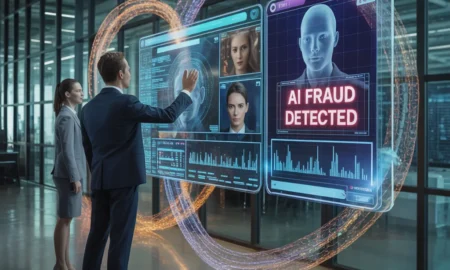 Illustration showing corporate executives monitoring AI-generated media to protect against deepfake and generative AI fraud.