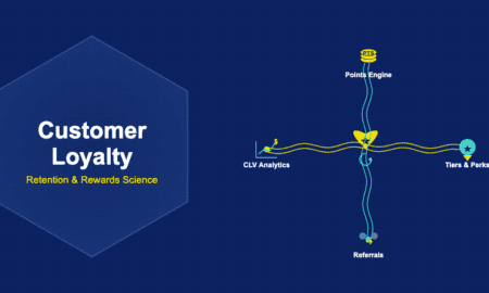 Customer loyalty illustration with heart and star, points coin stack, medal badge with tiers, referral people arrows and CLV analytics chart connected by wavy parallel lines