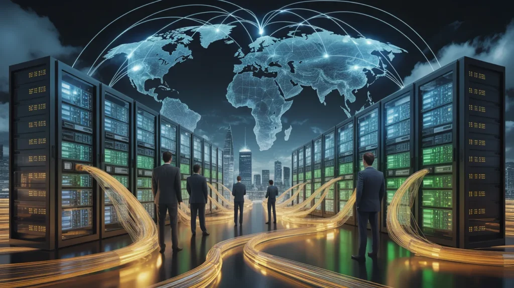 Illustration of global IT resilience showing network connections, servers, and business leaders monitoring uptime to prevent downtime in a connected economy.