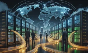 Illustration of global IT resilience showing network connections, servers, and business leaders monitoring uptime to prevent downtime in a connected economy.