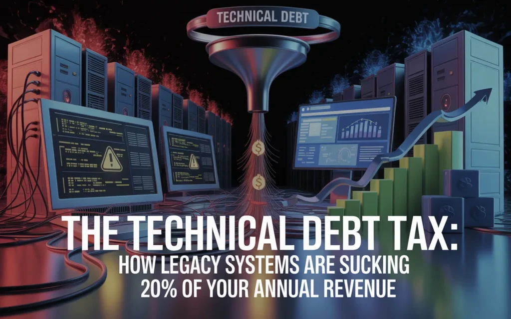 Technical debt concept showing legacy systems draining business revenue and modern technology improving efficiency