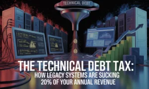 Technical debt concept showing legacy systems draining business revenue and modern technology improving efficiency