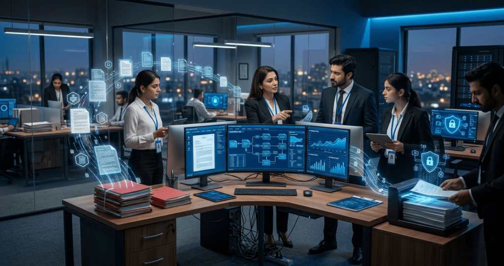 Law firm using AI-powered document review replacing traditional paper files