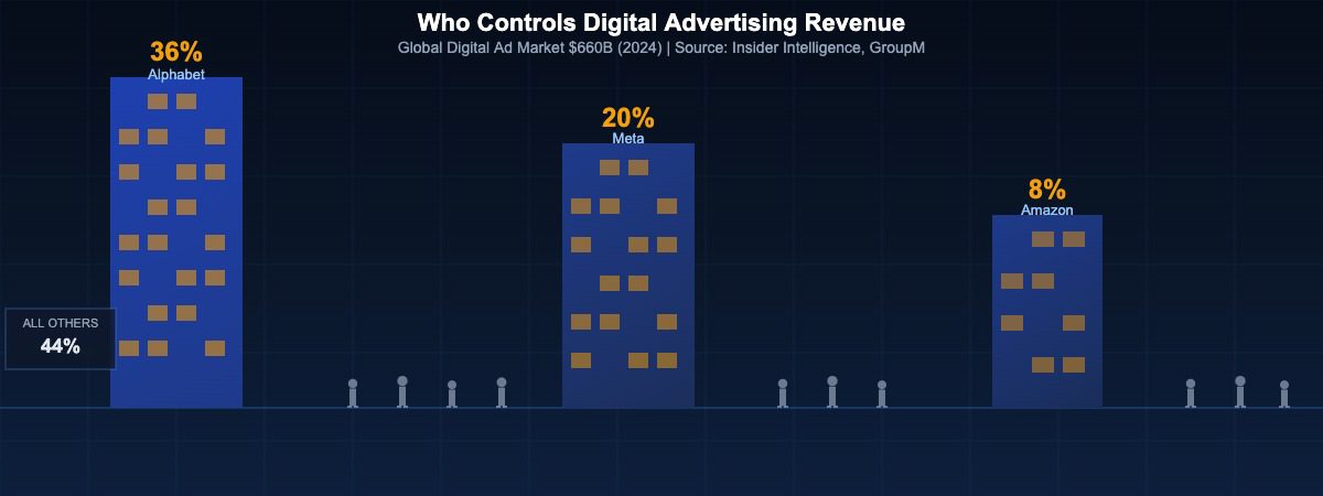 AdTech market concentration showing three dominant platforms controlling 56 percent of global digital ad revenue