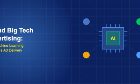 AI chip processor with neural network connections to advertising platform nodes showing machine learning optimising ad delivery for big tech