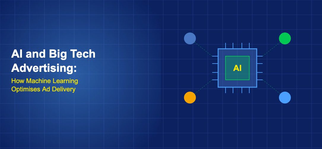 AI chip processor with neural network connections to advertising platform nodes showing machine learning optimising ad delivery for big tech