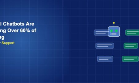 Robot chatbot head with conversation bubbles showing automated banking support on dark blue grid