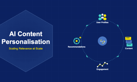 Infographic showing AI content personalisation with user profiles, dynamic content, recommendation engine, and engagement analytics flowing around a central AI brain