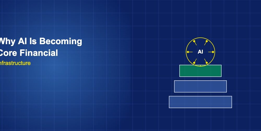 AI brain node atop layered foundation blocks representing financial infrastructure on dark blue grid