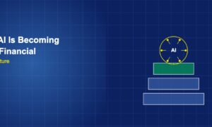 AI brain node atop layered foundation blocks representing financial infrastructure on dark blue grid