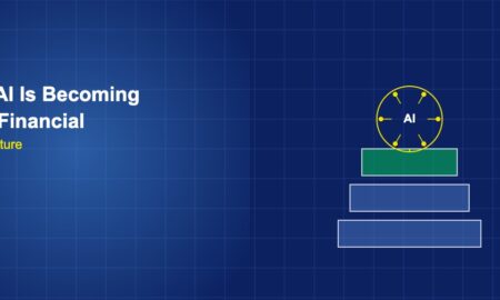 AI brain node atop layered foundation blocks representing financial infrastructure on dark blue grid