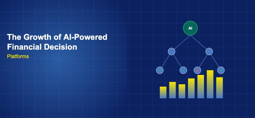 AI decision tree with branching nodes and outcome indicators above rising bar chart on dark blue grid
