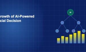 AI decision tree with branching nodes and outcome indicators above rising bar chart on dark blue grid