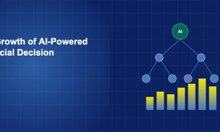 AI decision tree with branching nodes and outcome indicators above rising bar chart on dark blue grid