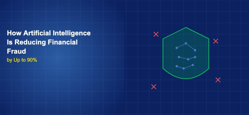 Shield with AI circuit pattern blocking fraud indicators on dark blue grid background