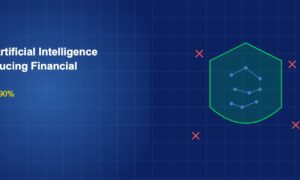 Shield with AI circuit pattern blocking fraud indicators on dark blue grid background