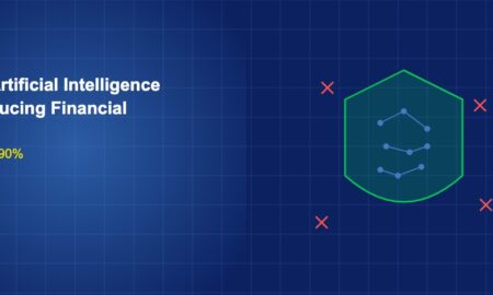 Shield with AI circuit pattern blocking fraud indicators on dark blue grid background