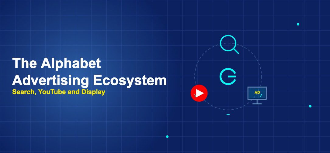 Ecosystem circle with search magnifier play button and display monitor