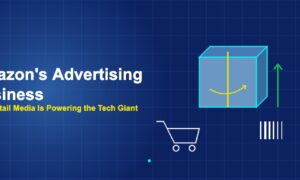 Amazon shipping box with shopping cart barcode and growth arrow