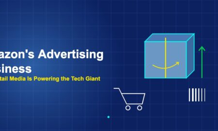 Amazon shipping box with shopping cart barcode and growth arrow