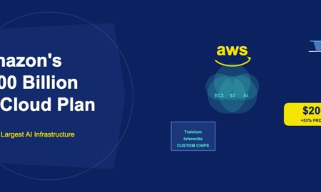 Amazon AWS logo with cloud services drone and $200 billion capital expenditure badge on dark navy background