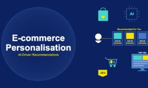 E-commerce personalisation illustration showing AI chip, product recommendation cards, shopping bag with heart, user profile, shopping cart, personalised screen display, and discount tag