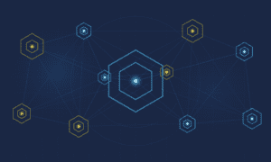 Abstract hexagonal network visualization with bold glowing nodes on navy background