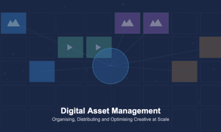 Digital asset management platform architecture showing organized creative assets with central DAM hub