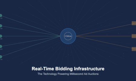 Real-time bidding auction architecture showing bid requests flowing through millisecond ad exchange