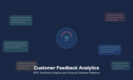 Customer feedback analytics platform showing sentiment analysis and NPS scoring from multiple channels