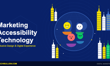 Dark blue infographic showing marketing accessibility technology platform with inclusive design icons, WCAG compliance checklist elements, and universal experience optimization interface symbols