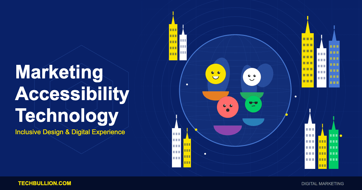 Dark blue infographic showing marketing accessibility technology platform with inclusive design icons, WCAG compliance checklist elements, and universal experience optimization interface symbols