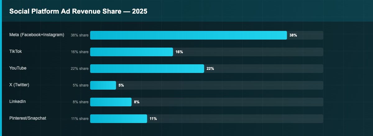 Social platform advertising revenue market share breakdown showing Meta TikTok YouTube LinkedIn and other platforms in 2025