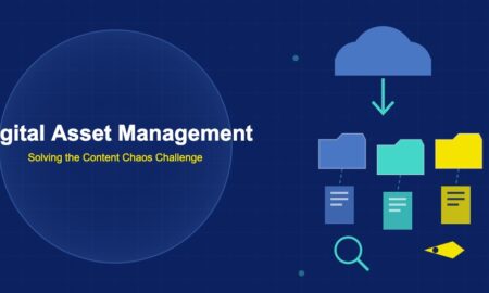 Digital asset management platform with cloud storage, organized folders, document files, search and tagging icons on dark navy background