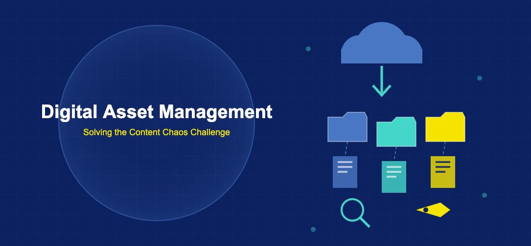 Digital asset management platform with cloud storage, organized folders, document files, search and tagging icons on dark navy background