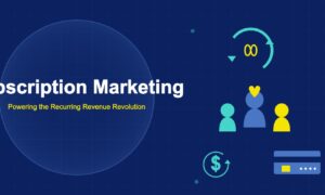 Subscription marketing with renewal cycle arrows, user group, payment card, and recurring dollar symbol on dark navy background