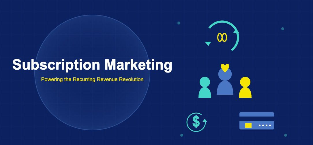 Subscription marketing with renewal cycle arrows, user group, payment card, and recurring dollar symbol on dark navy background