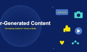 User-generated content illustration with speech bubble reviews, camera, thumbs up, play button, heart and share icons on dark navy background