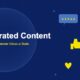User-generated content illustration with speech bubble reviews, camera, thumbs up, play button, heart and share icons on dark navy background