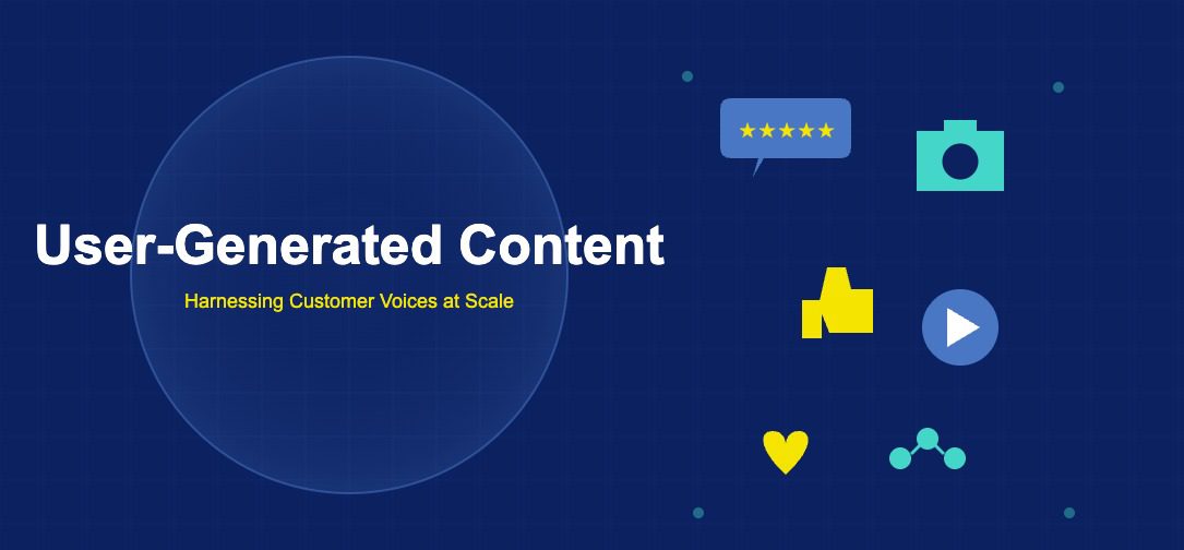 User-generated content illustration with speech bubble reviews, camera, thumbs up, play button, heart and share icons on dark navy background