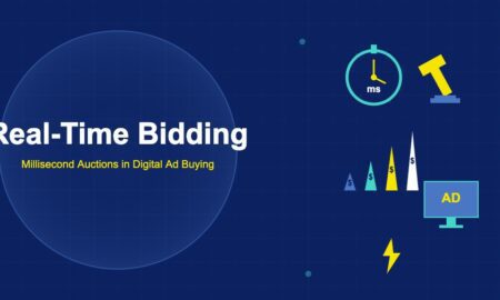 Real-time bidding illustration with stopwatch, auction gavel, ascending bid arrows, ad screen, and lightning bolt on dark navy background