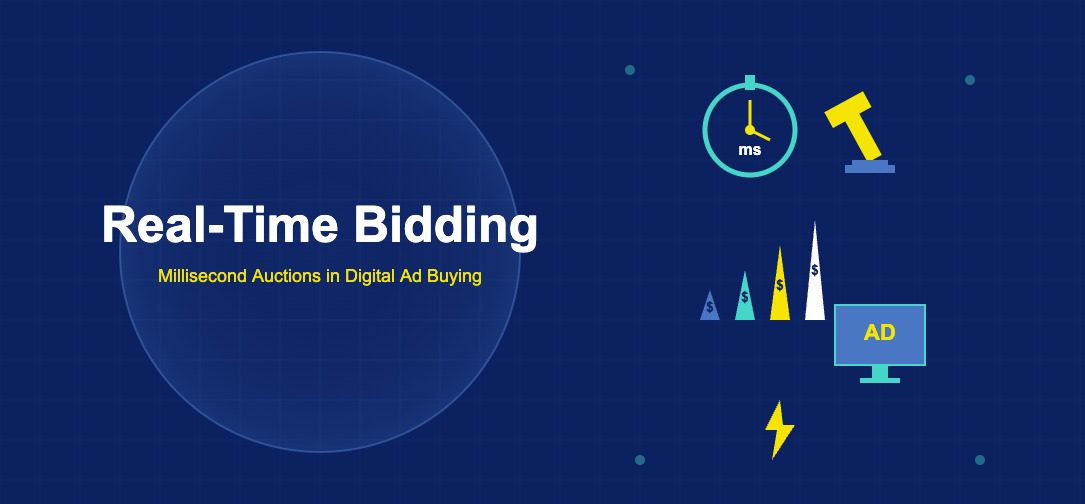 Real-time bidding illustration with stopwatch, auction gavel, ascending bid arrows, ad screen, and lightning bolt on dark navy background