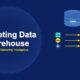 Data warehouse architecture showing CRM, web, and ad data sources flowing through pipelines into a central warehouse with cloud storage and dashboard insights