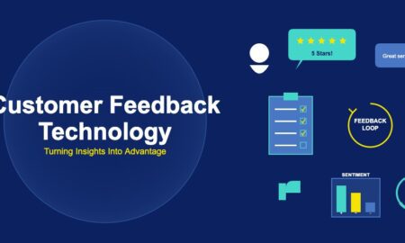 Customer feedback technology illustration with speech bubbles containing star ratings, a survey clipboard with checkmarks, feedback loop arrows, sentiment analysis chart, thumbs up icon, and NPS score display