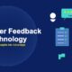 Customer feedback technology illustration with speech bubbles containing star ratings, a survey clipboard with checkmarks, feedback loop arrows, sentiment analysis chart, thumbs up icon, and NPS score display