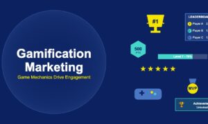 Gamification marketing illustration with a gold trophy, leaderboard rankings, points badge, progress bar, star ratings, game controller, MVP medal, and achievement unlock notification