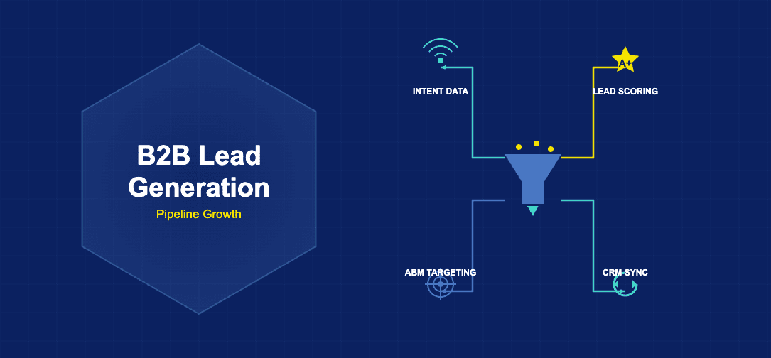 B2B lead generation illustration with data funnel, intent data radar signals, lead scoring star, ABM crosshair targeting and CRM sync arrows connected by angular zigzag paths