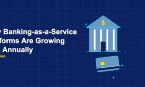 Banking-as-a-Service platforms growth illustration with bank building and bank card